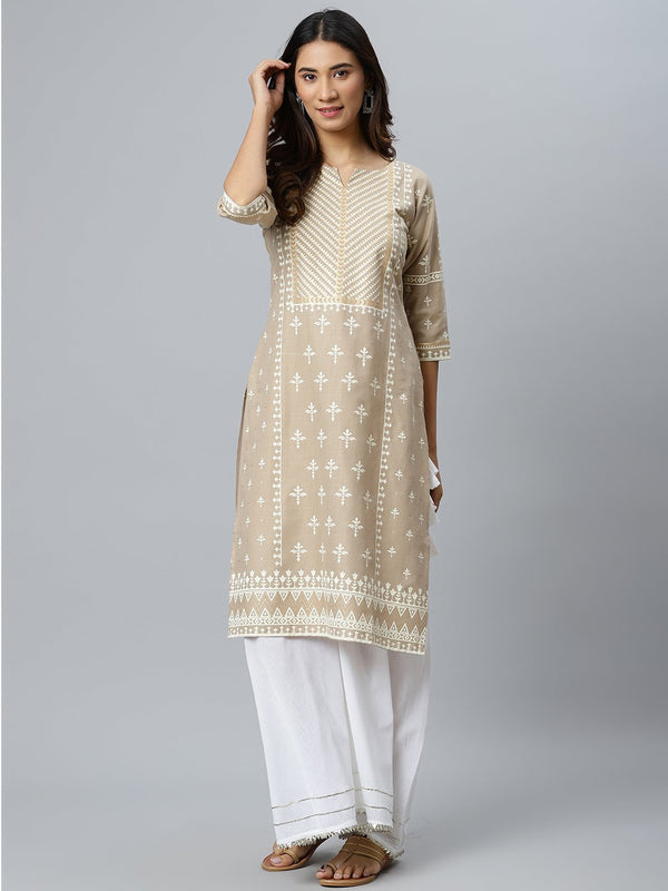 Beige Printed Cotton Kurta