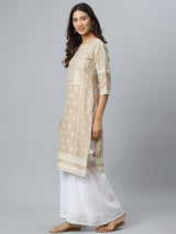 Beige Printed Cotton Kurta
