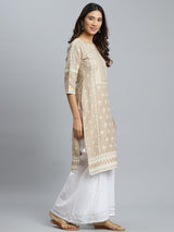Beige Printed Cotton Kurta