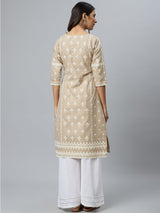 Beige Printed Cotton Kurta