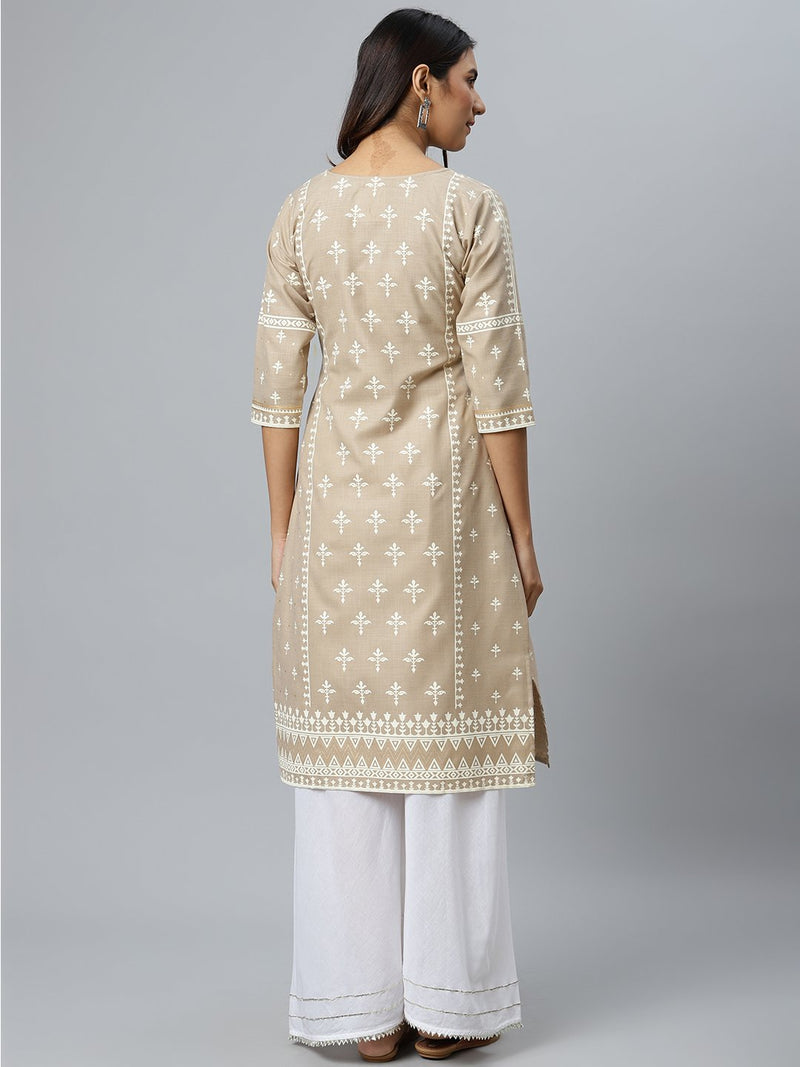 Beige Printed Cotton Kurta