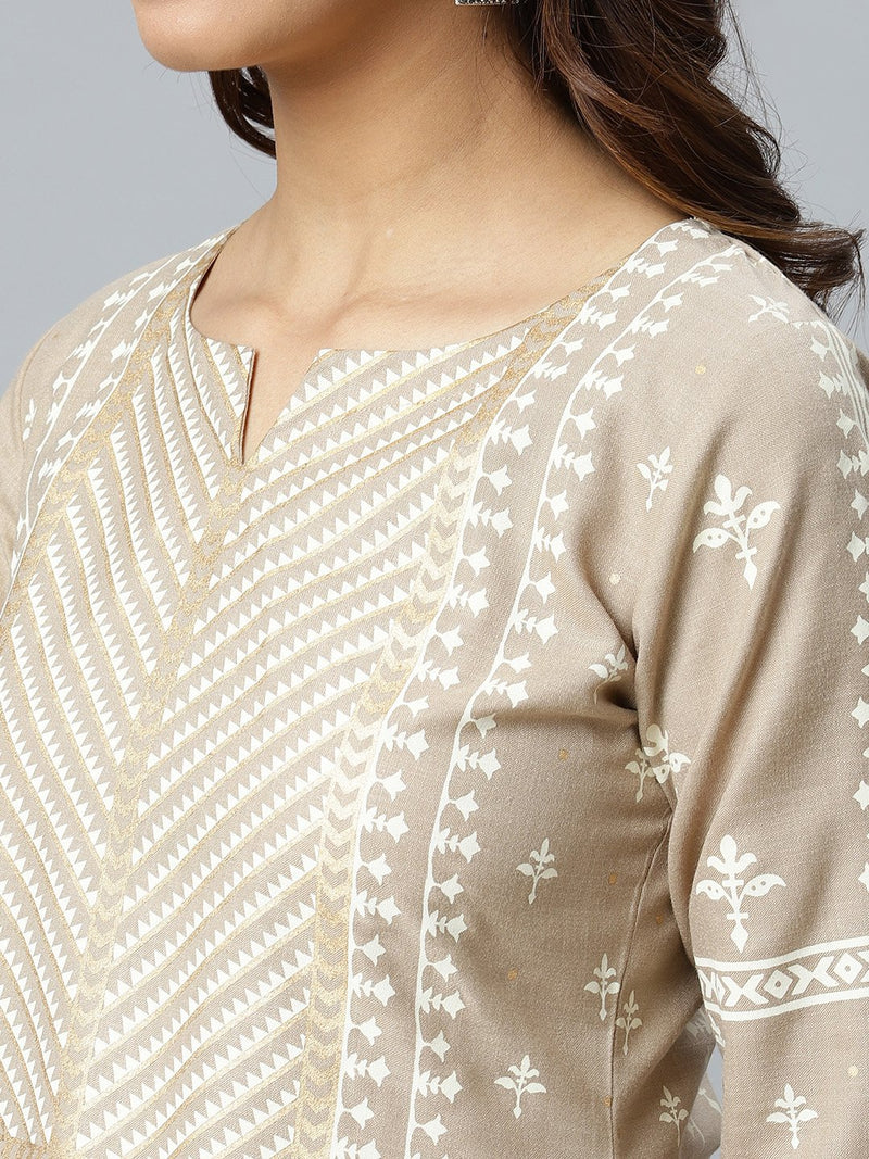Beige Printed Cotton Kurta