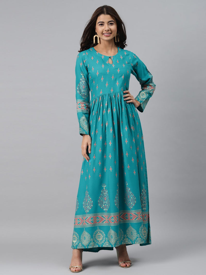 Blue Printed Rayon Dress