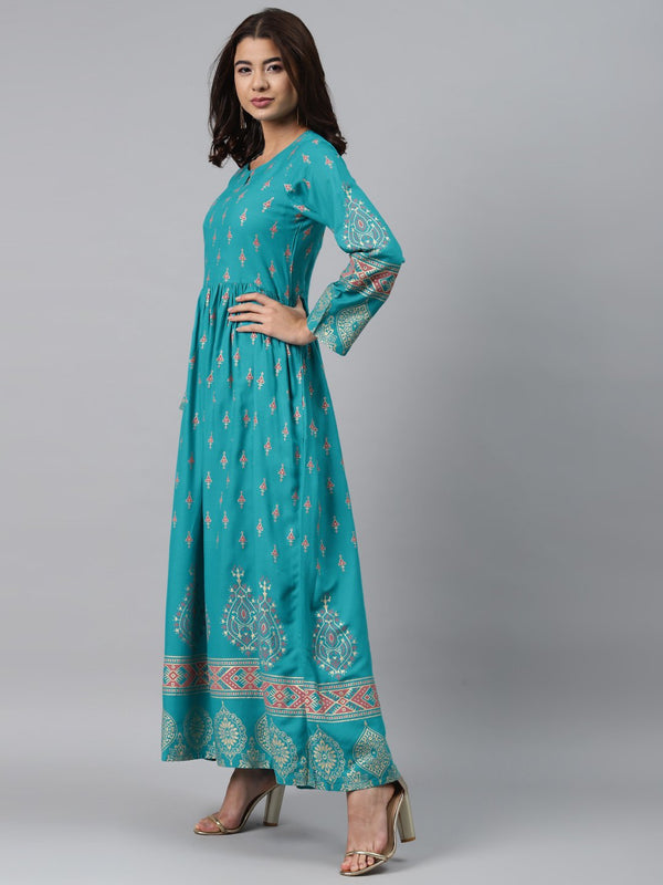 Blue Printed Rayon Dress