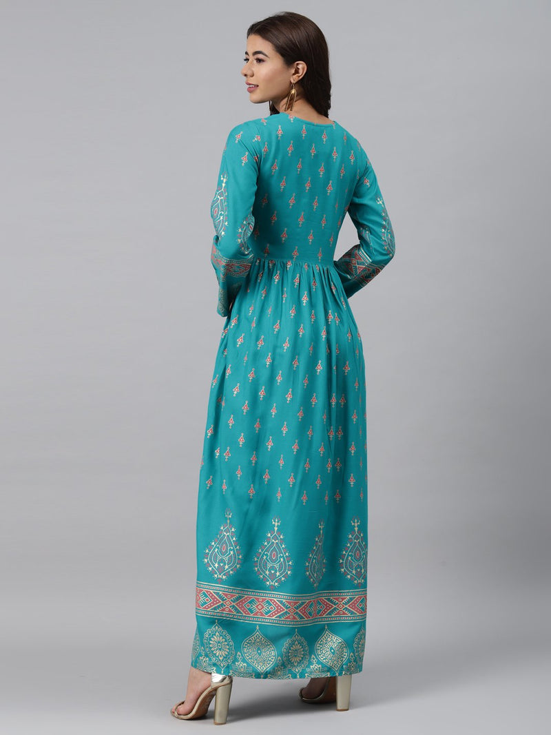 Blue Printed Rayon Dress