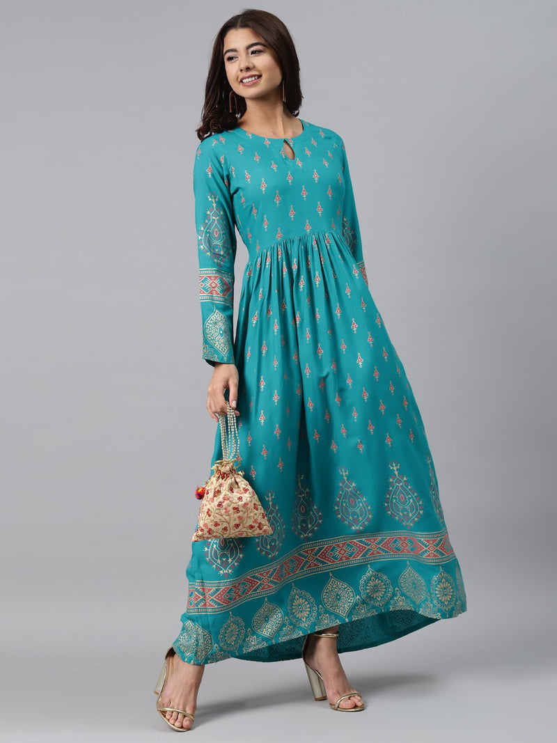 Blue Printed Rayon Dress