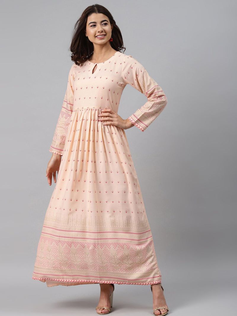 Peach Printed Rayon Dress