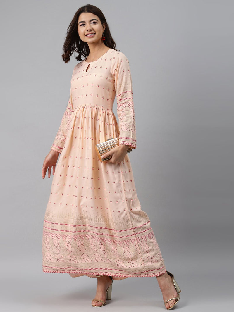 Peach Printed Rayon Dress