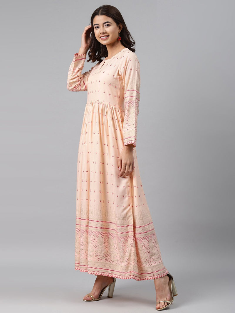 Peach Printed Rayon Dress