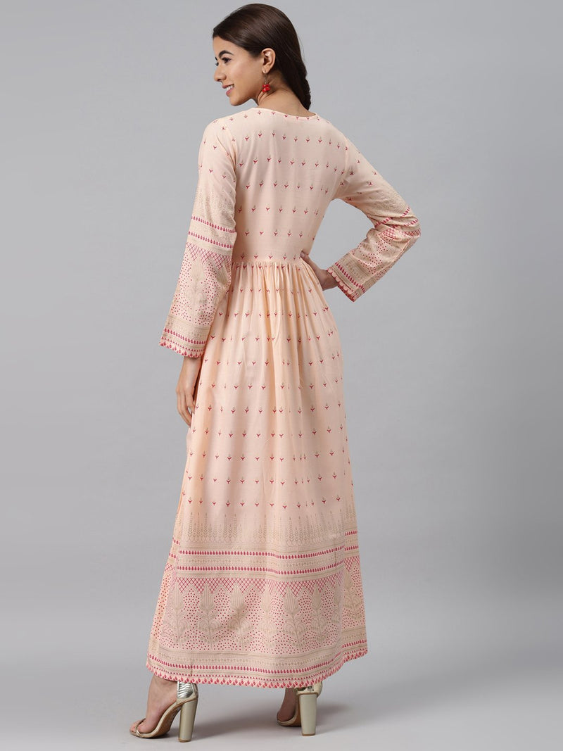 Peach Printed Rayon Dress