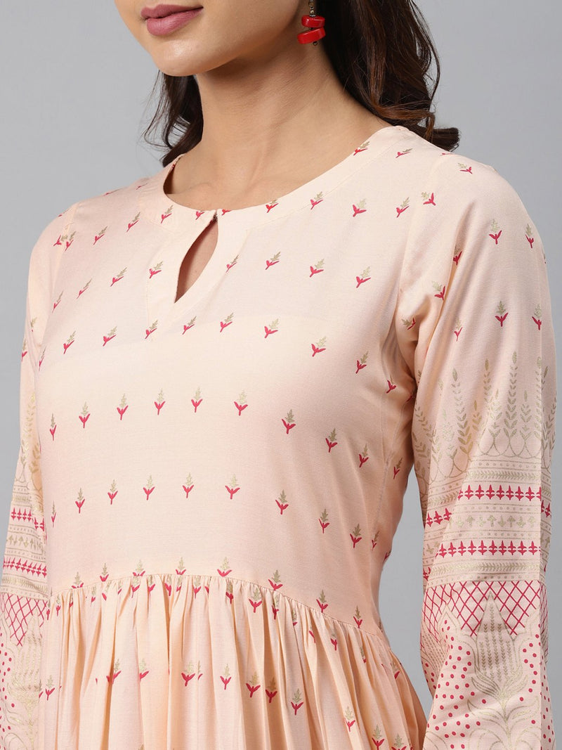 Peach Printed Rayon Dress