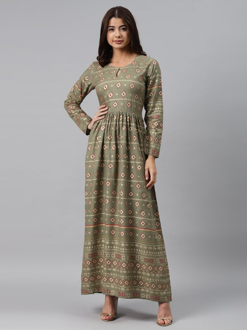 Green Printed Rayon Dress