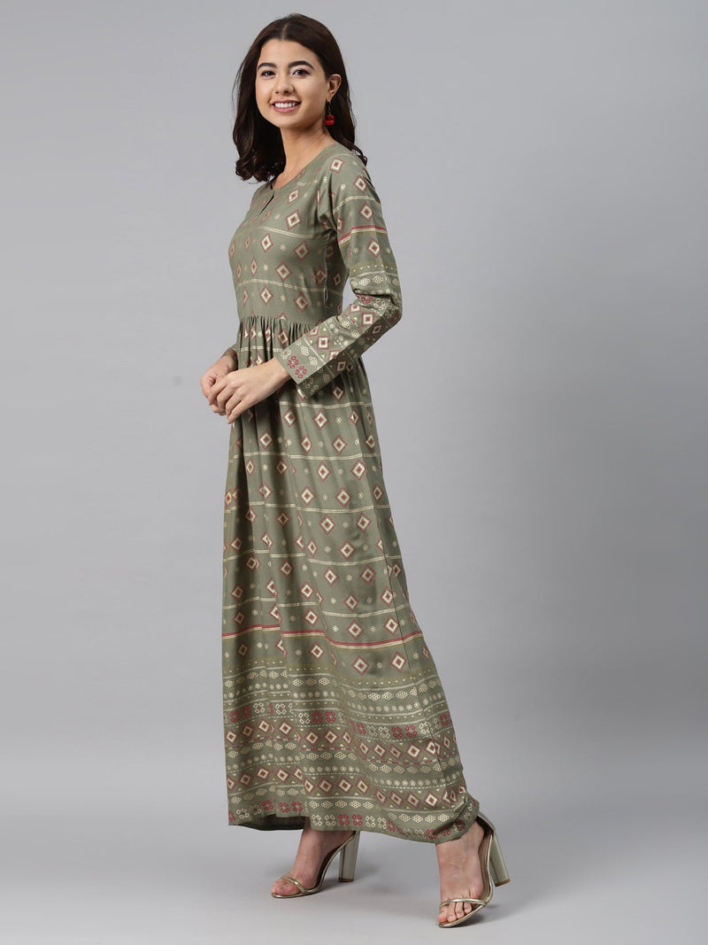 Green Printed Rayon Dress