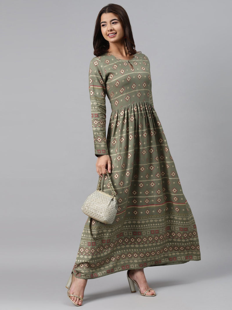 Green Printed Rayon Dress