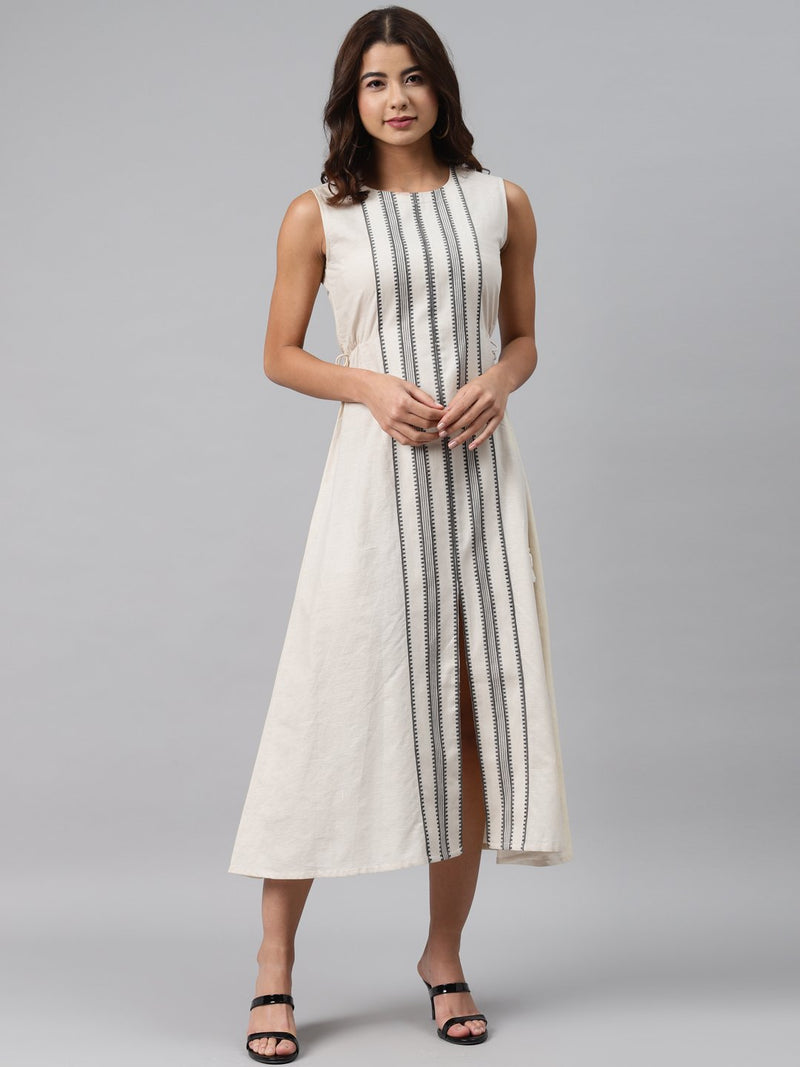 Beige Striped Cotton Dress