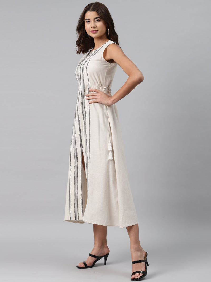 Beige Striped Cotton Dress