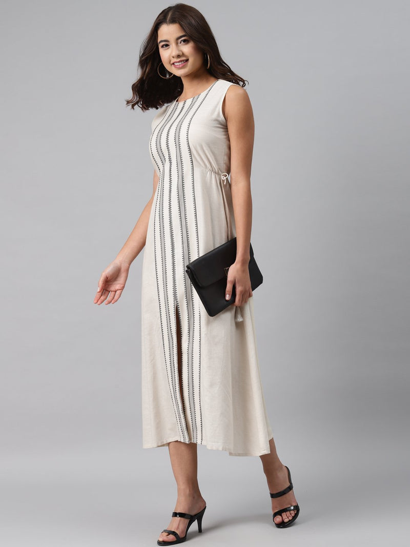 Beige Striped Cotton Dress