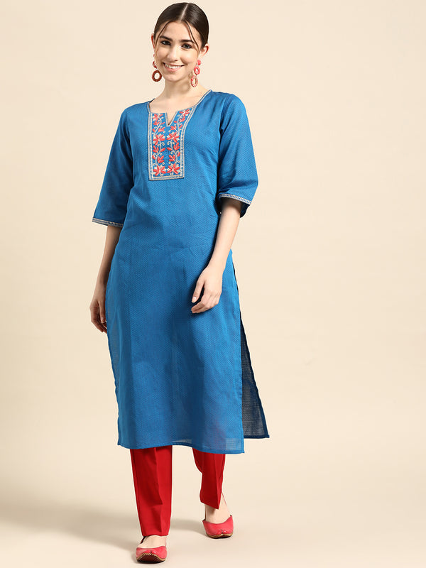 Blue Solid Cotton Kurta