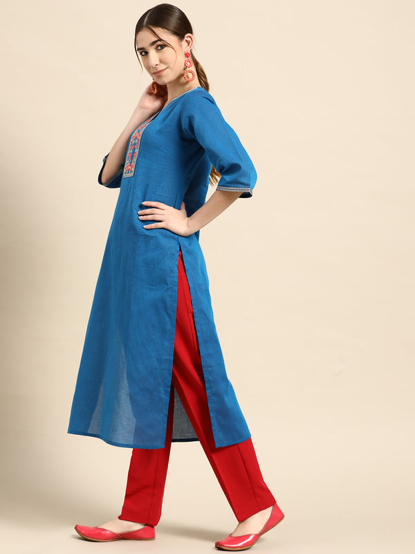 Blue Solid Cotton Kurta