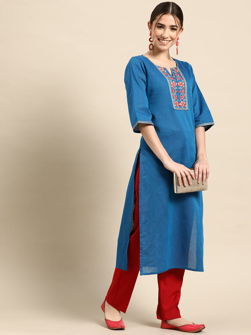 Blue Solid Cotton Kurta