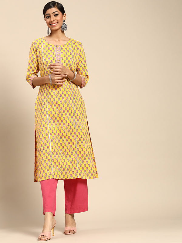 Yellow Printed Cotton Kurta