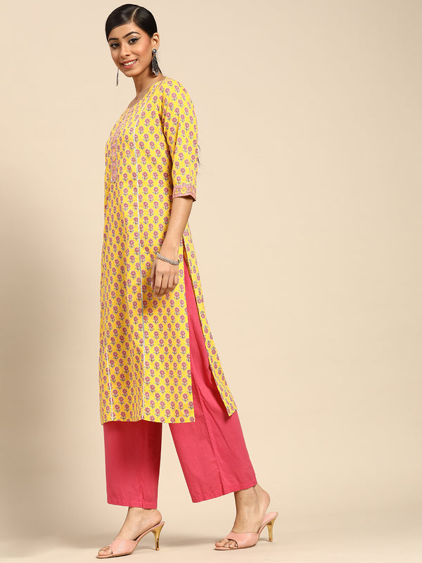 Yellow Printed Cotton Kurta