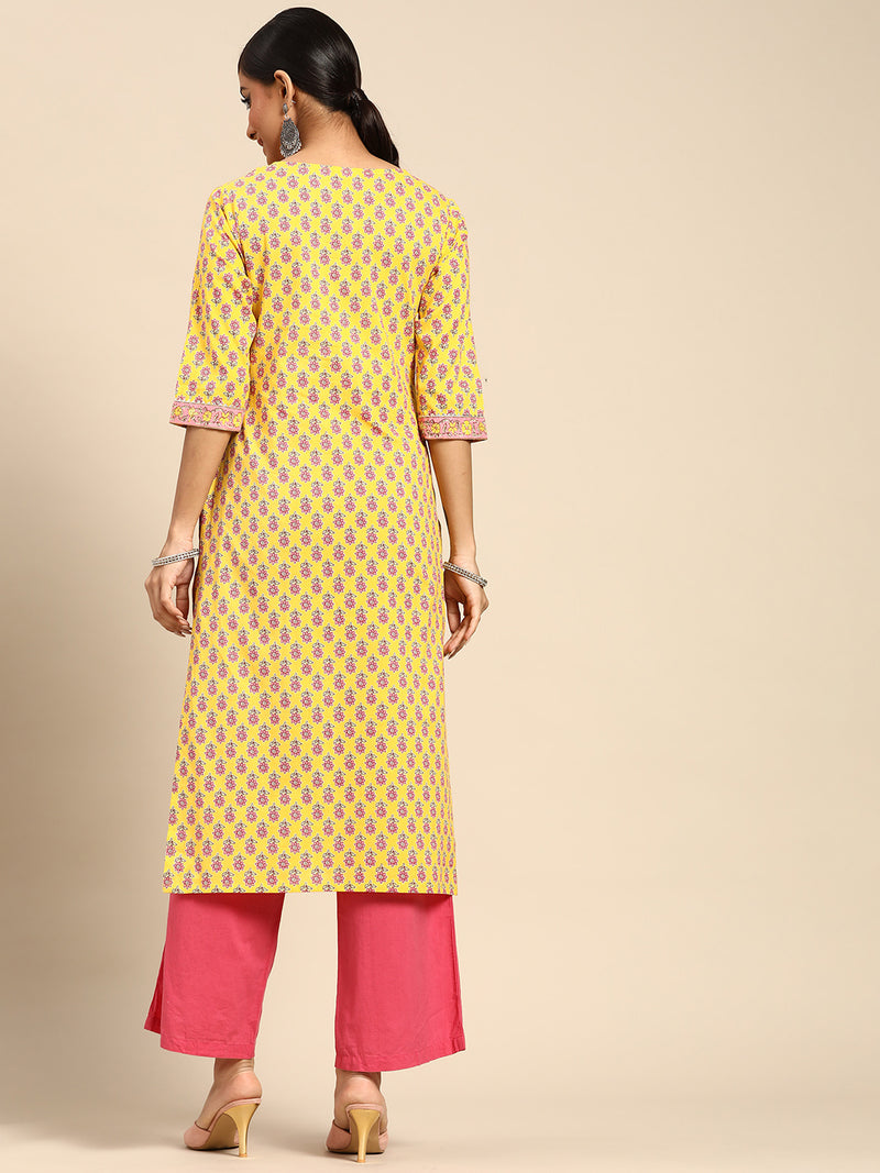 Yellow Printed Cotton Kurta