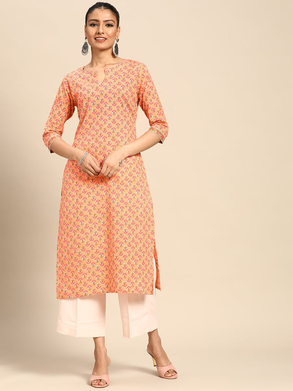 Orange Printed Cotton Kurta