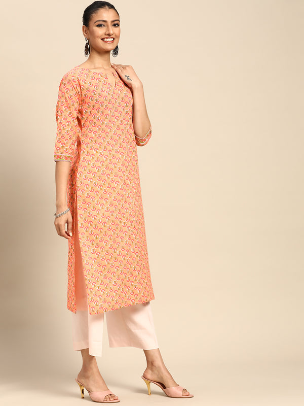 Orange Printed Cotton Kurta
