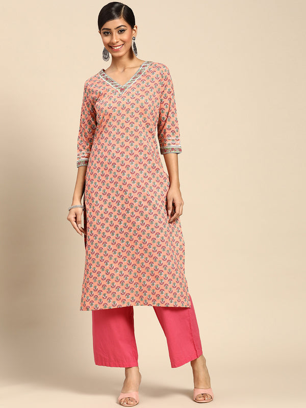 Peach Printed Cotton Kurta
