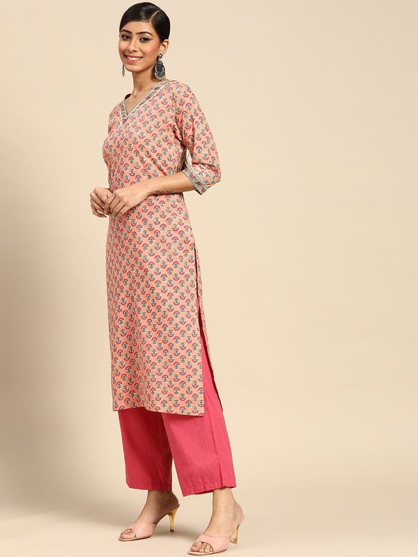 Peach Printed Cotton Kurta