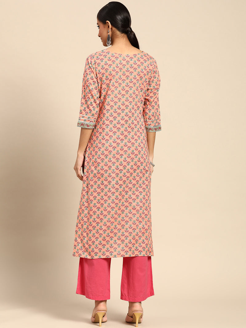 Peach Printed Cotton Kurta