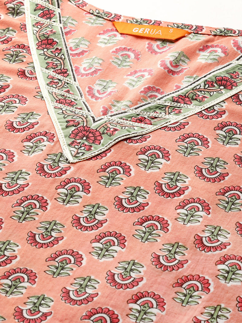 Peach Printed Cotton Kurta