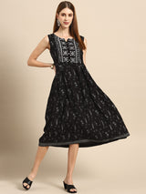 Black Printed Rayon Dress