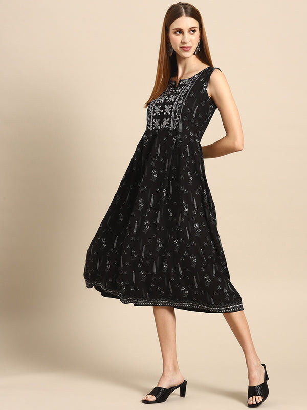 Black Printed Rayon Dress