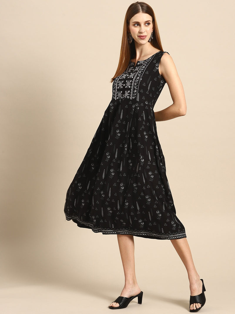 Black Printed Rayon Dress