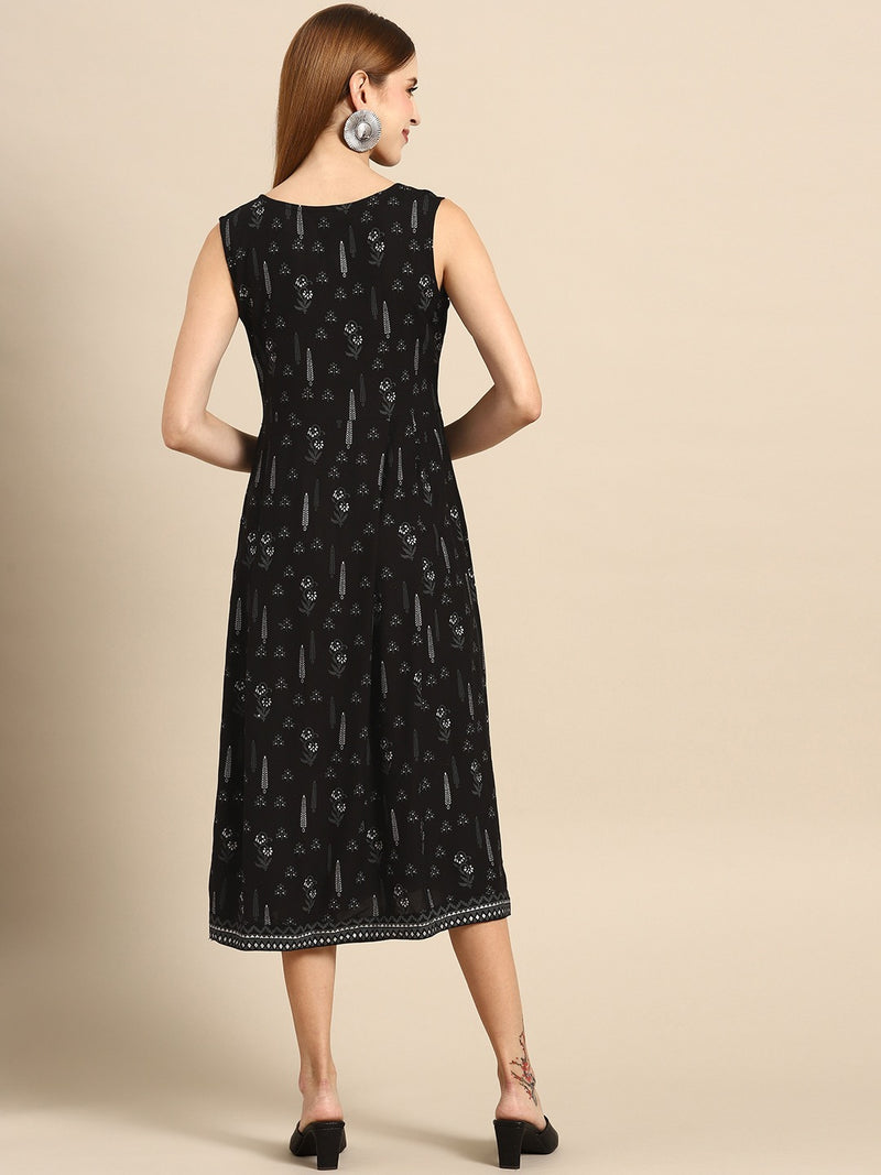 Black Printed Rayon Dress