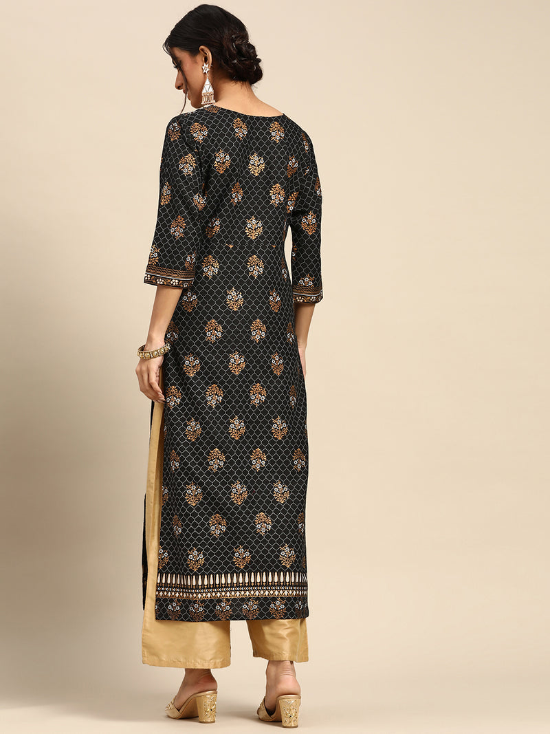 Black Printed Rayon Kurta