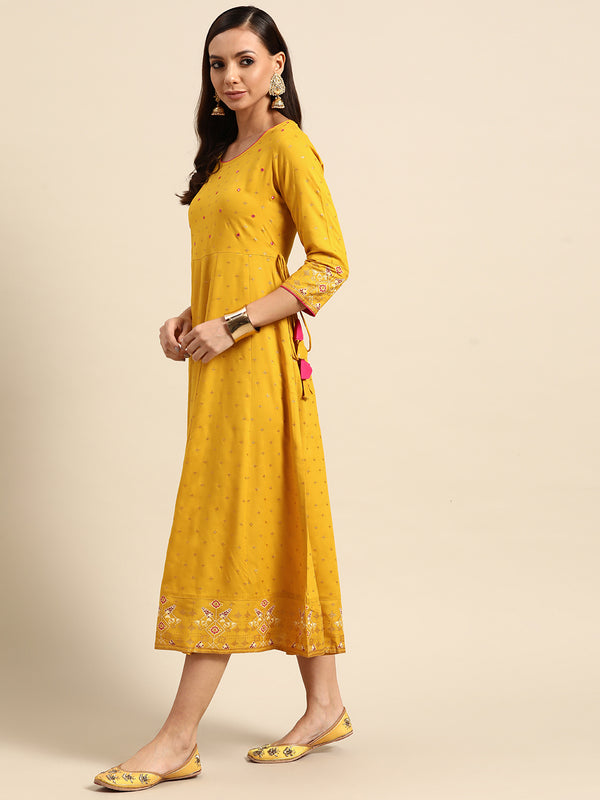 Yellow Printed Rayon Dress