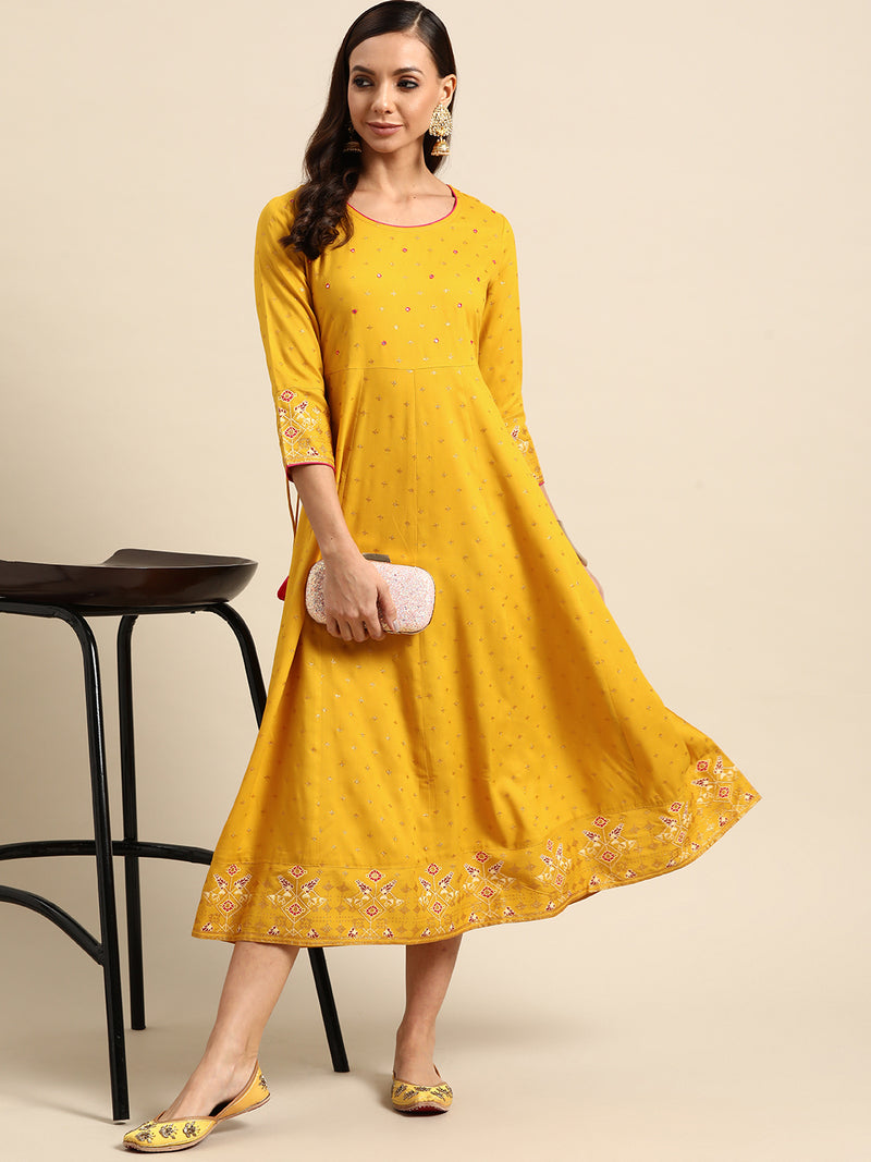 Yellow Printed Rayon Dress