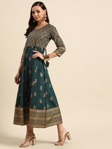 Teal Printed Rayon Dress