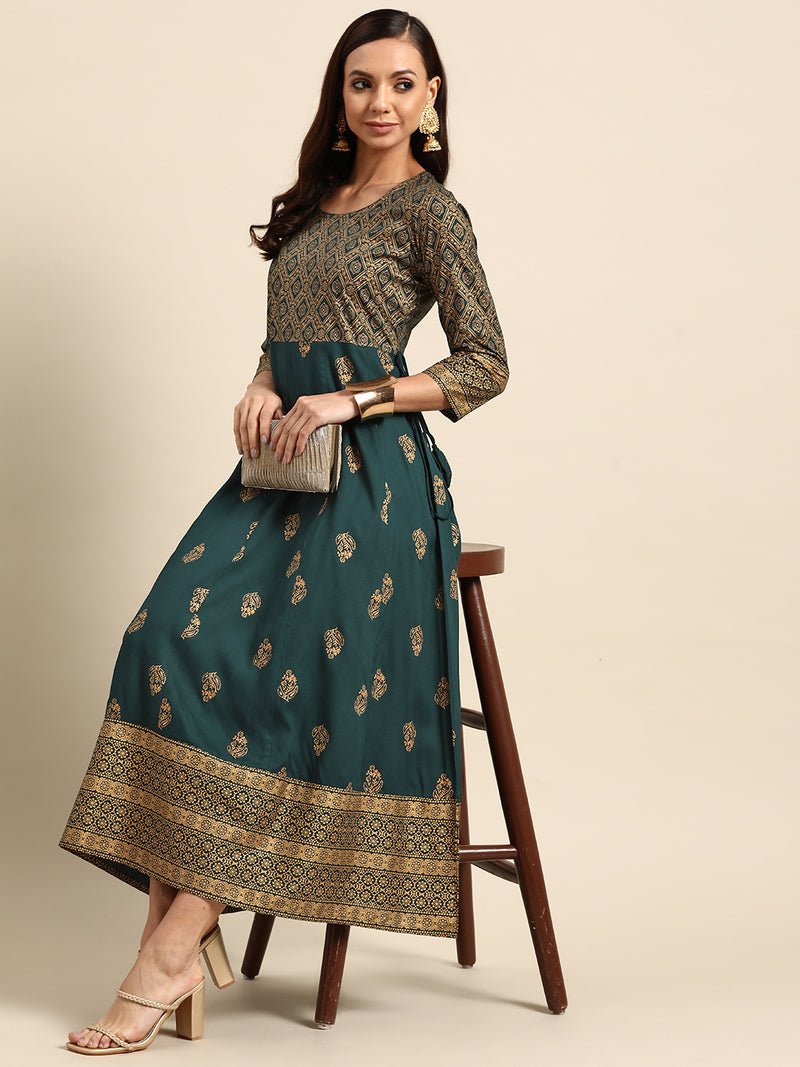 Teal Printed Rayon Dress