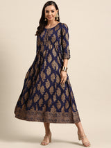 Navy Blue Printed Rayon Dress