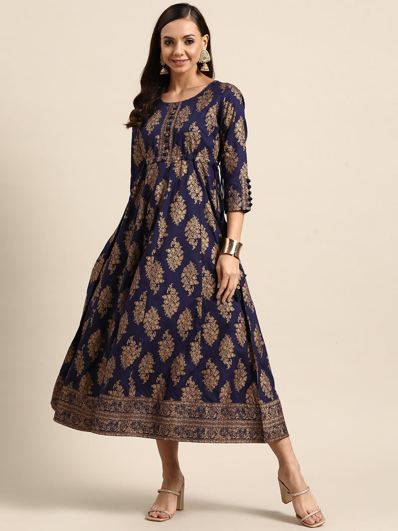 Navy Blue Printed Rayon Dress