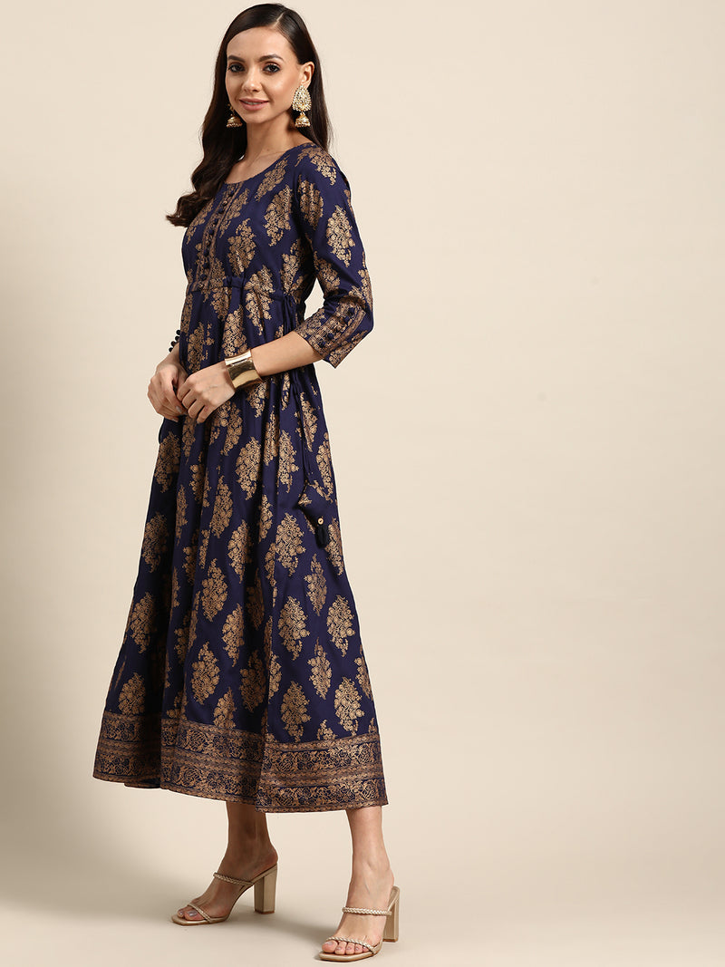 Navy Blue Printed Rayon Dress