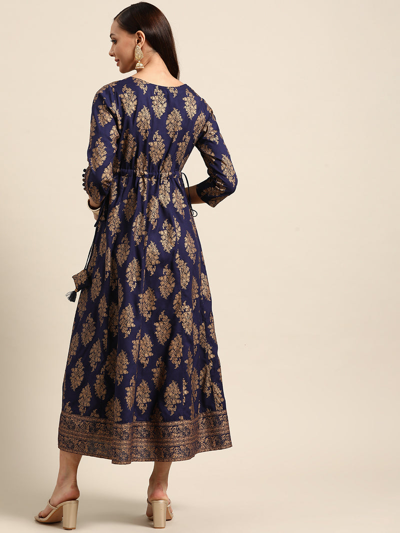 Navy Blue Printed Rayon Dress