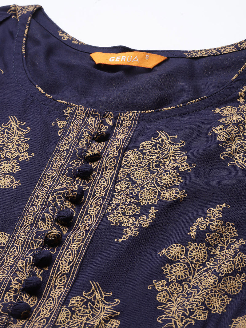 Navy Blue Printed Rayon Dress
