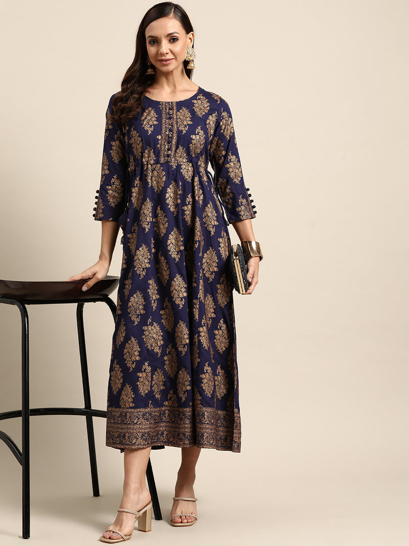 Navy Blue Printed Rayon Dress