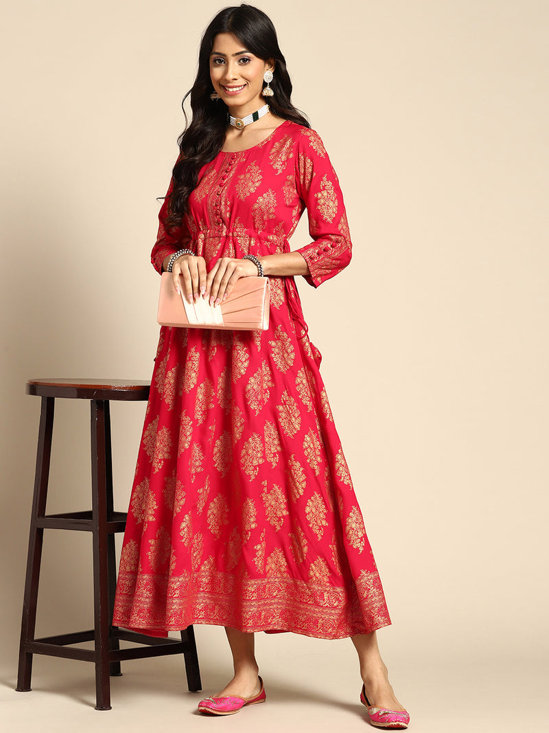 Red Printed Rayon Dress