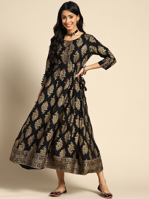 Black Printed Rayon Dress